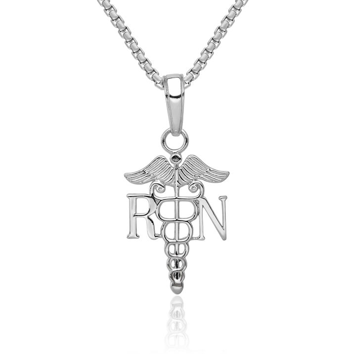 10K Solid White Gold Rn Nurse Caduceus Paramedic Emt Doctor Medical Student Nursing Symbol Necklace Chain Pendant Charm