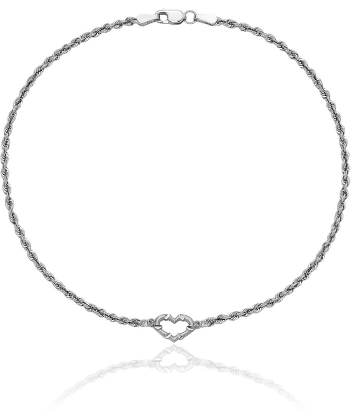 10K Solid White Gold Rope Chain Heart Anklet Summer Beach Foot Ankle Bracelet