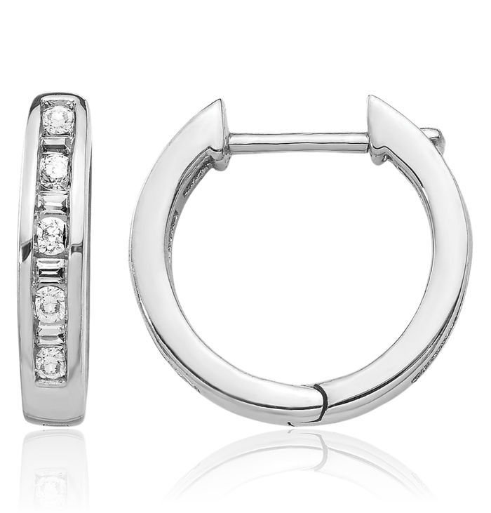 10K Solid White Gold Round Baguette Diamond Huggie Small Hoop Earrings