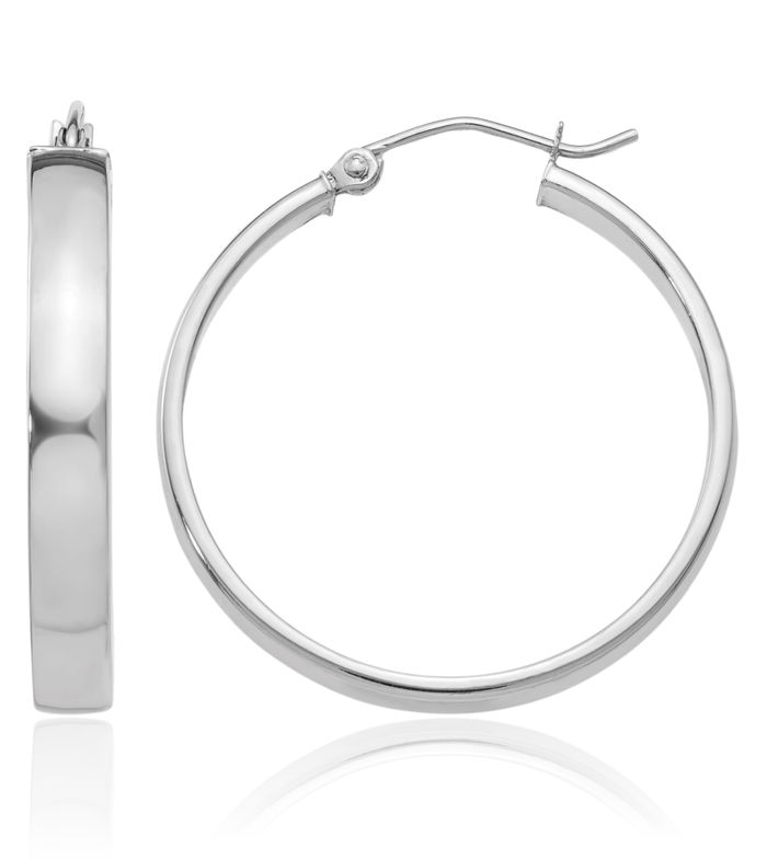 10K Solid White Gold Round Medium Hoop Earrings