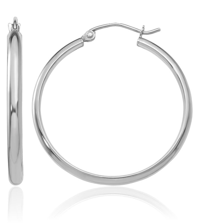10K Solid White Gold Round Medium Hoop Earrings