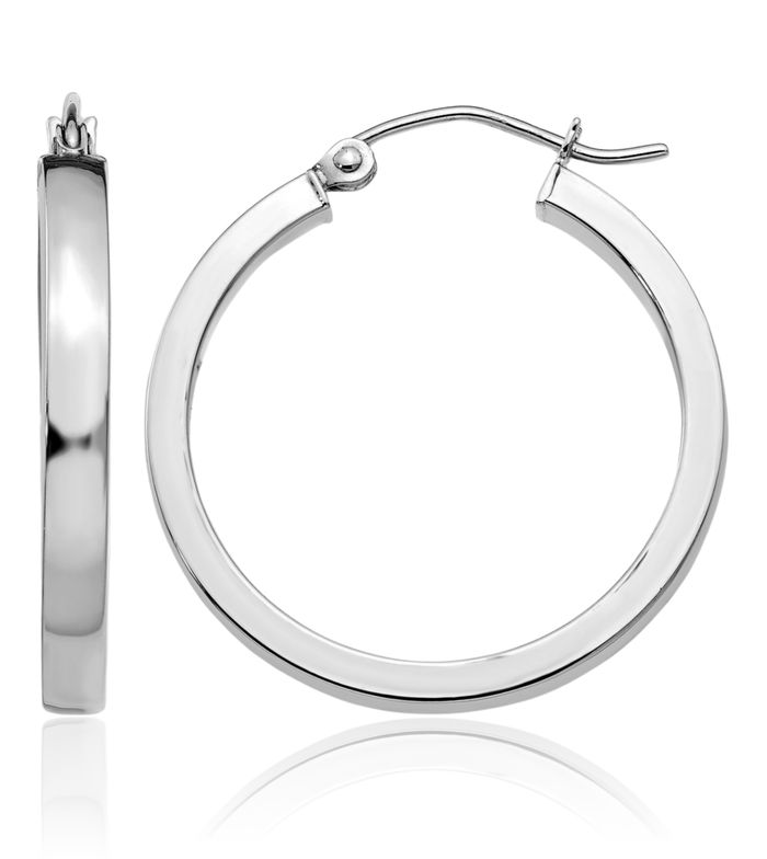 10K Solid White Gold Tube Round Medium Hoop Earrings