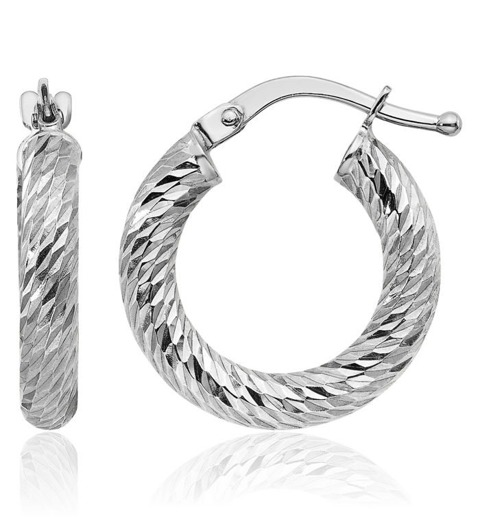 10K Solid White Gold Round Small Hoop Earrings