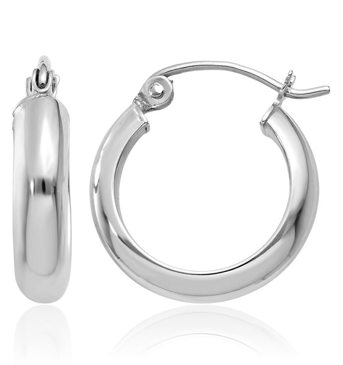10K Solid White Gold Round Small Hoop Earrings