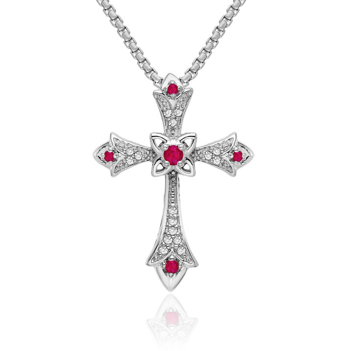 10K Solid White Gold Red Ruby Diamond Fleur De Lis Flower Holy Cross Floating Chain Slide Pendant Necklace Religious Jesus Christ Charm