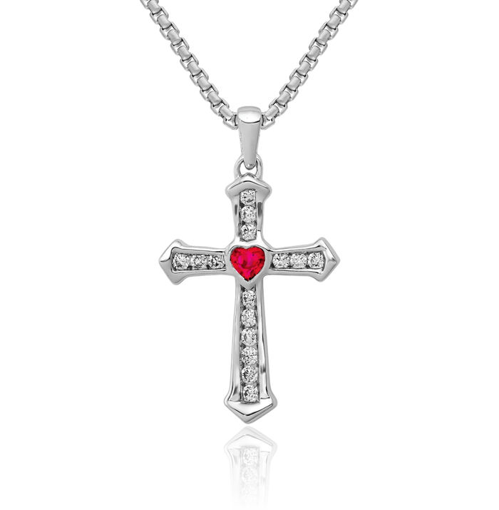 10K Solid White Gold Red Ruby Diamond Heart Holy Cross Necklace Religious Chain Pendant Jesus Christ Charm