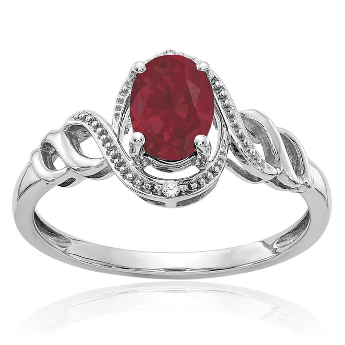 10K Solid White Gold Red Ruby Diamond Ring Gemstone Band July Birthstone Jewelry