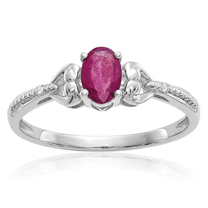 10K Solid White Gold Red Ruby Diamond Ring Gemstone Band July Birthstone Jewelry