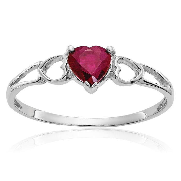 10K Solid White Gold Red Ruby Heart Ring Gemstone Love Band July Birthstone Jewelry