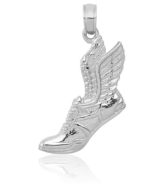 10K Solid White Gold Running Shoe Necklace Charm Sports Pendant