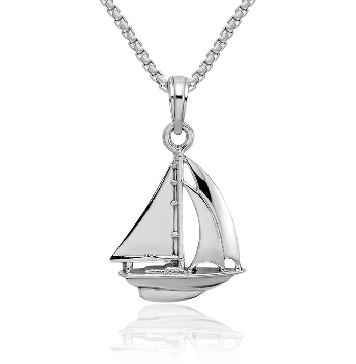 10K Solid White Gold Sailboat Necklace Chain Pendant Charm