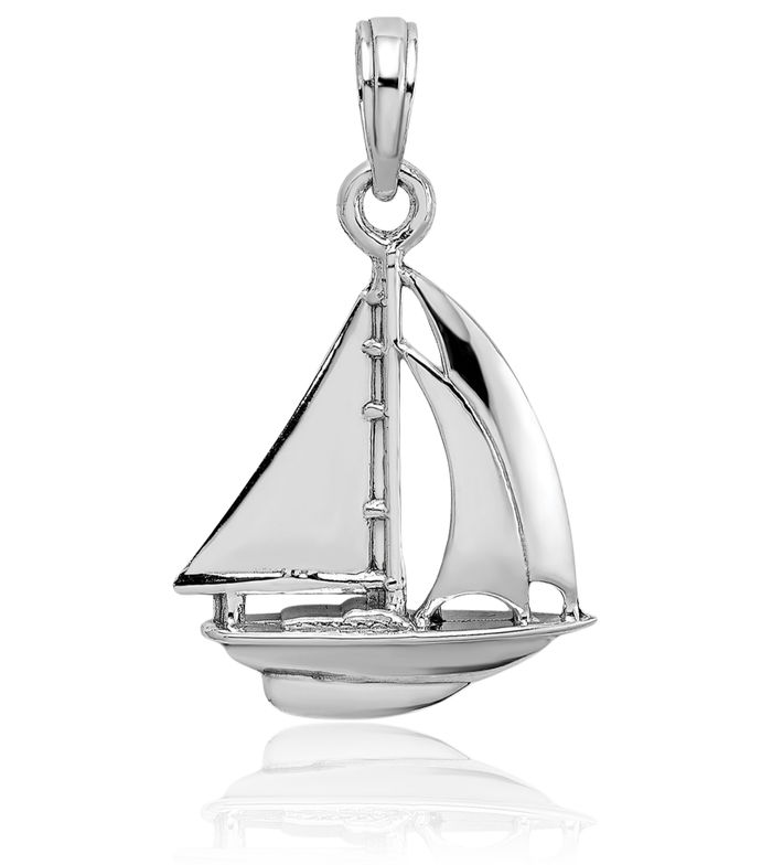 10K Solid White Gold Sailboat Necklace Chain Pendant Charm