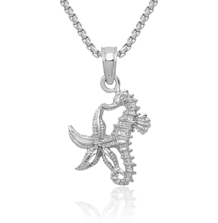 10K Solid White Gold Seahorse Starfish Necklace Chain Pendant Charm