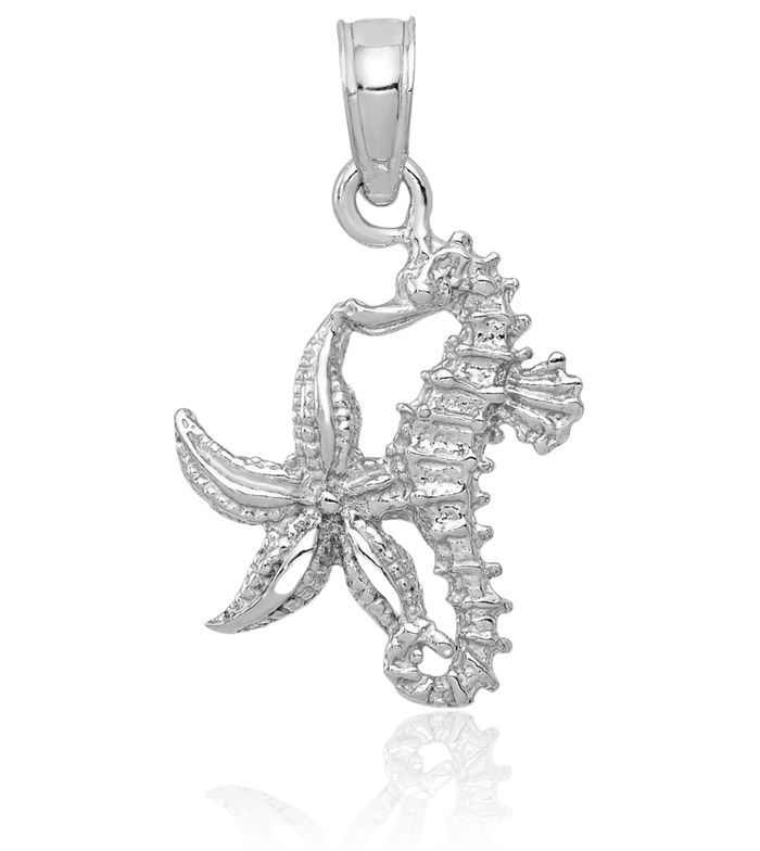 10K Solid White Gold Seahorse Starfish Necklace Chain Pendant Charm