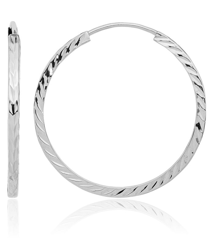 10K Solid White Gold Square Tube Endless Round Medium Hoop Earrings