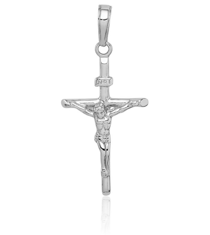 10K Solid White Gold Stick Lord Jesus Christ Crucifix Holy Cross Necklace Religious Chain Pendant Charm