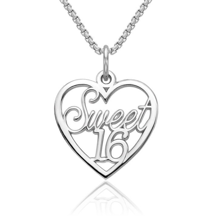 10K Solid White Gold Sweet 16 Years Old Birthday Heart Necklace Love Pendant Charm