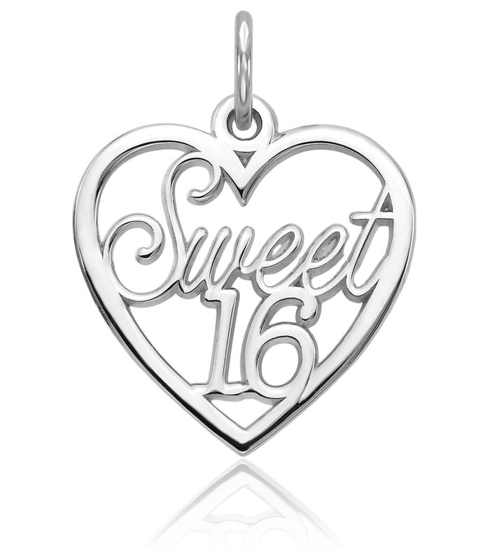 10K Solid White Gold Sweet 16 Years Old Birthday Heart Necklace Love Pendant Charm