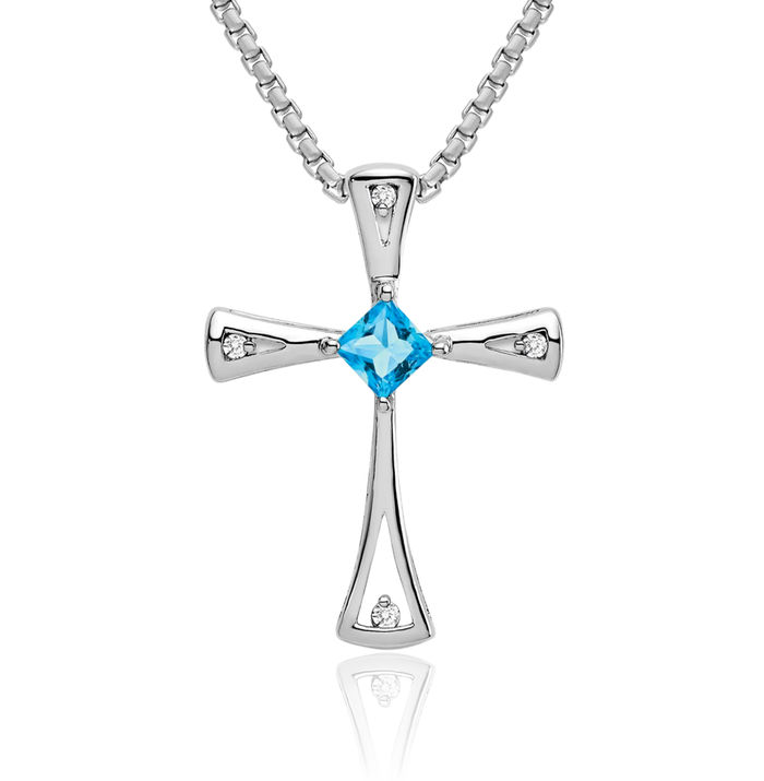 10K Solid White Gold Swiss Blue Topaz Diamond Holy Cross Necklace Charm Gemstone Pendant