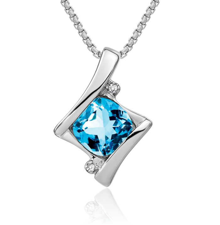 10K Solid White Gold Swiss Blue Topaz Diamond Necklace Charm Gemstone Pendant