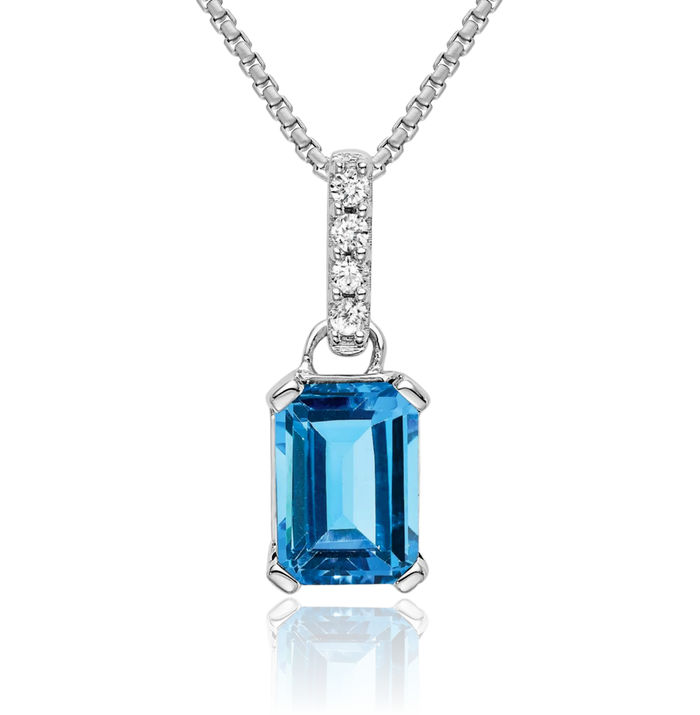 10K Solid White Gold Swiss Blue Topaz Diamond Necklace Charm Gemstone Pendant December Birthstone Jewelry