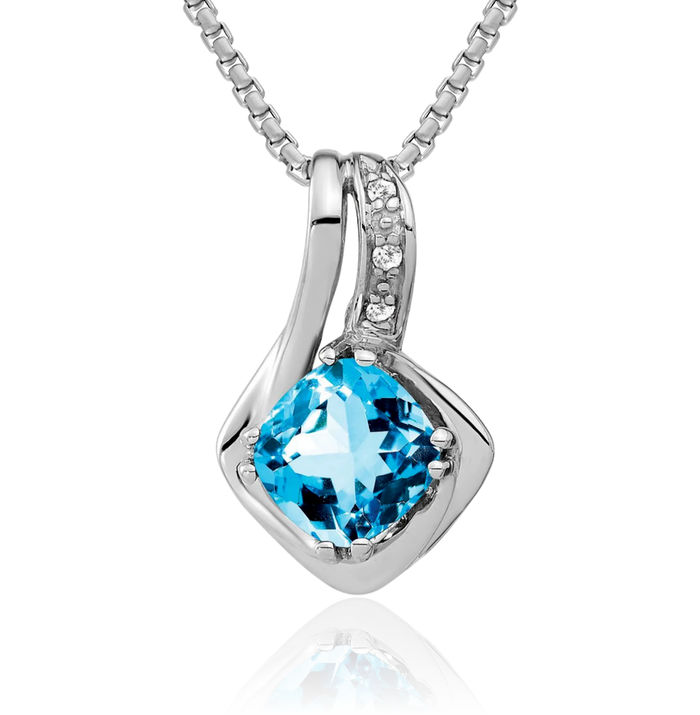 10K Solid White Gold Swiss Blue Topaz Diamond Necklace Charm Gemstone Pendant