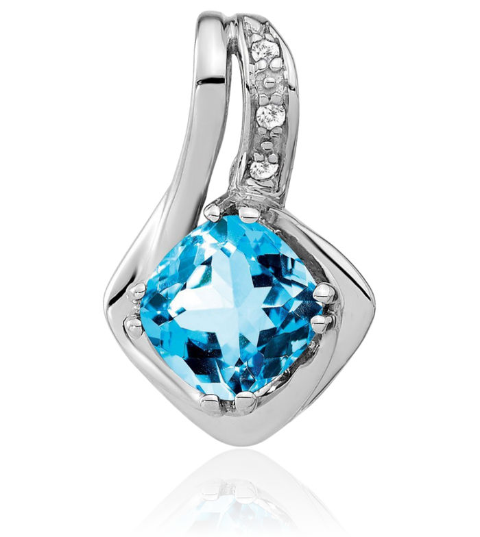 10K Solid White Gold Swiss Blue Topaz Diamond Necklace Charm Gemstone Pendant