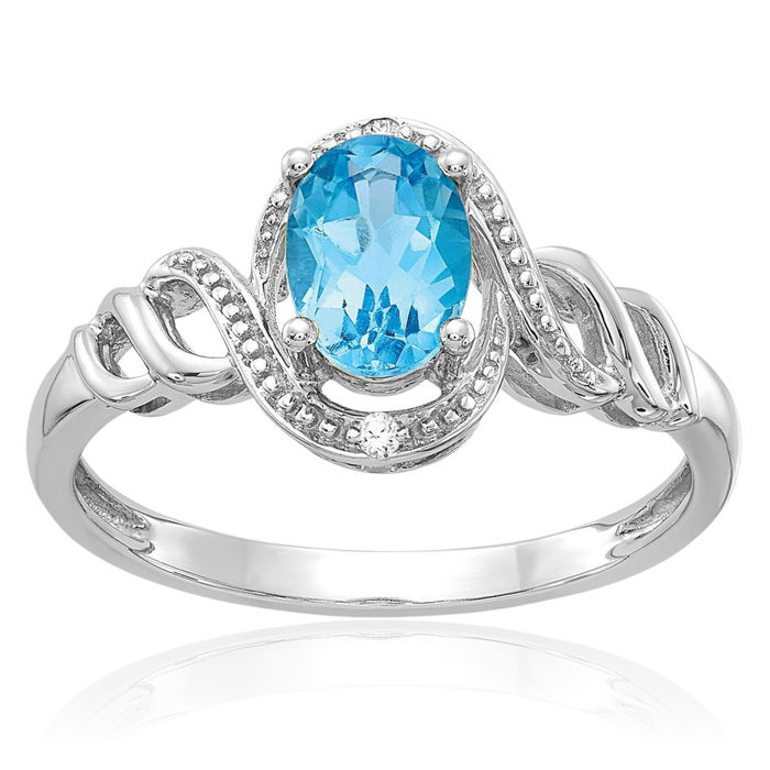 10K Solid White Gold Swiss Blue Topaz Diamond Ring Gemstone Band December Birthstone Jewelry