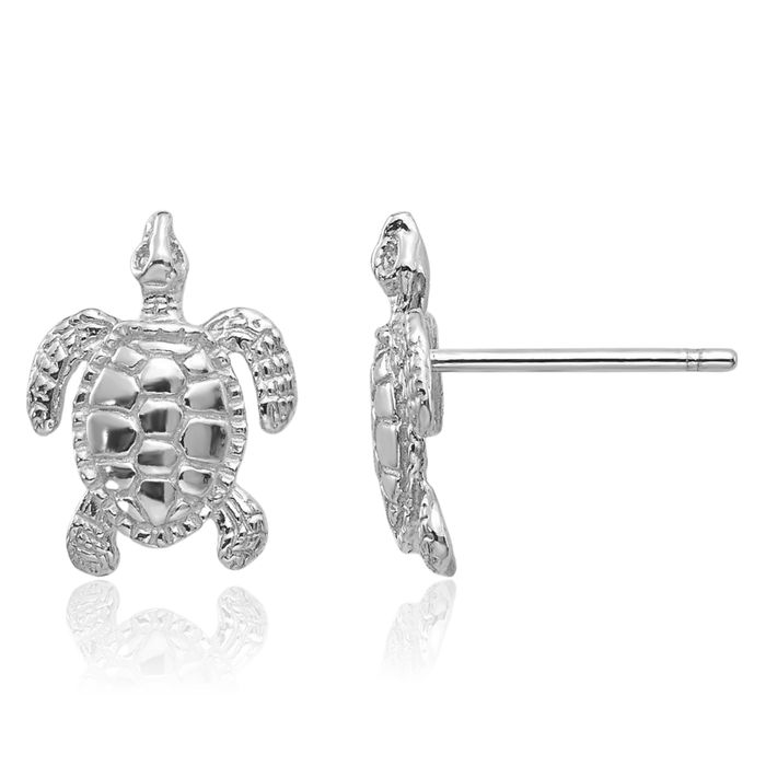 10K Solid White Gold Sea Turtle Stud Earrings