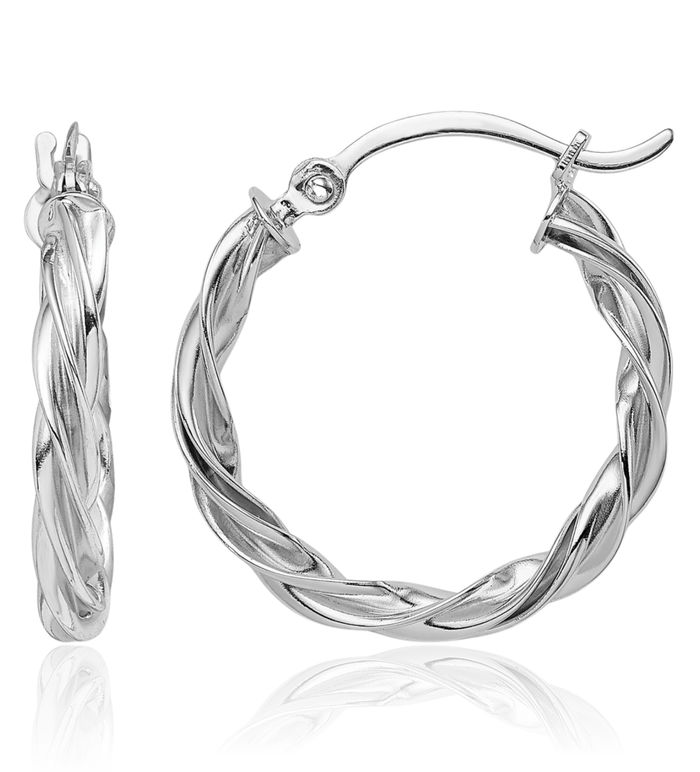 10K Solid White Gold Twisted Round Hoop Earrings