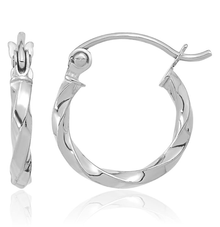 10K Solid White Gold Twisted Round Huggie Small Hoop Earrings