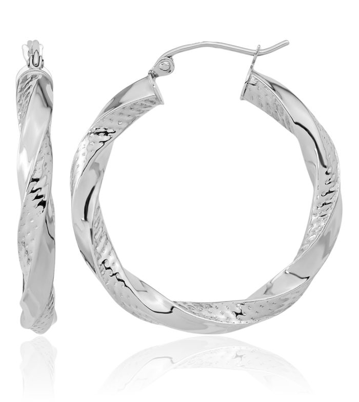10K Solid White Gold Twisted Round Medium Hoop Earrings