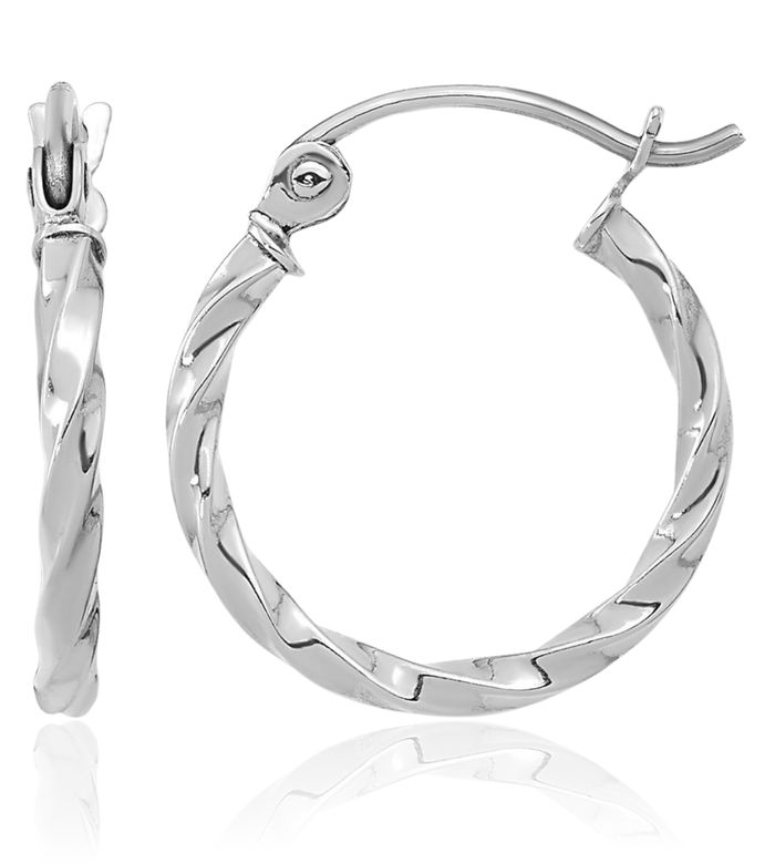 10K Solid White Gold Twisted Round Small Hoop Earrings