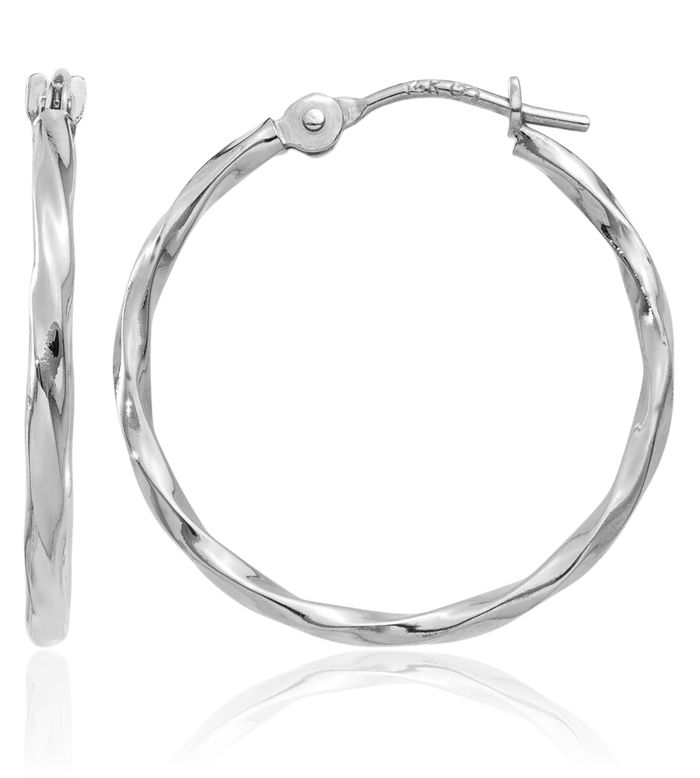 10K Solid White Gold Twisted Round Small Hoop Earrings