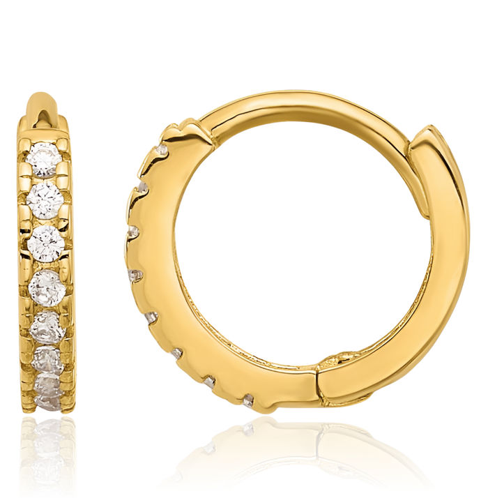 10K Solid Yellow Gold 1.5mm Cubic Zirconia CZ Round Hoop Earrings