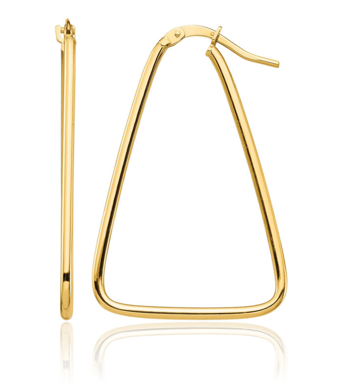 10K Solid Yellow Gold 1.5mm Triangle Drop Dangle Medium Hoop Earrings