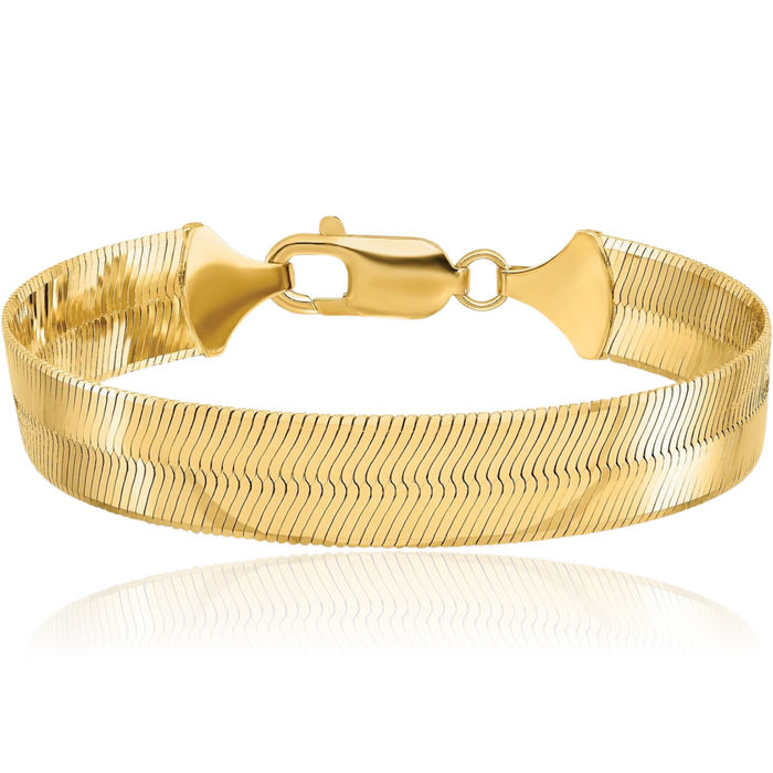 10K Solid Yellow Gold 10mm Herringbone Chain Bracelet