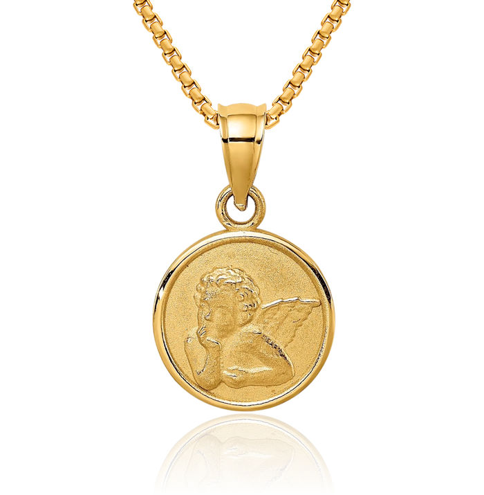 10K Solid Yellow Gold 10mm Guardian Angel Wings Coin Necklace Protect Us Cherub Pendant Religious Charm