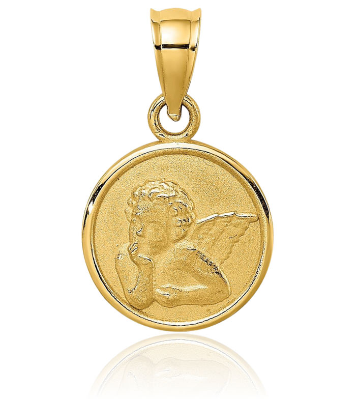 10K Solid Yellow Gold 10mm Guardian Angel Wings Coin Necklace Protect Us Cherub Pendant Religious Charm