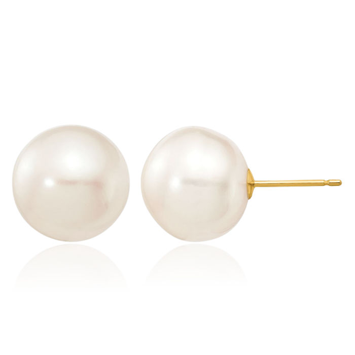 10K Solid Yellow Gold 11mm White Button Freshwater Cultured Pearl Stud Earrings