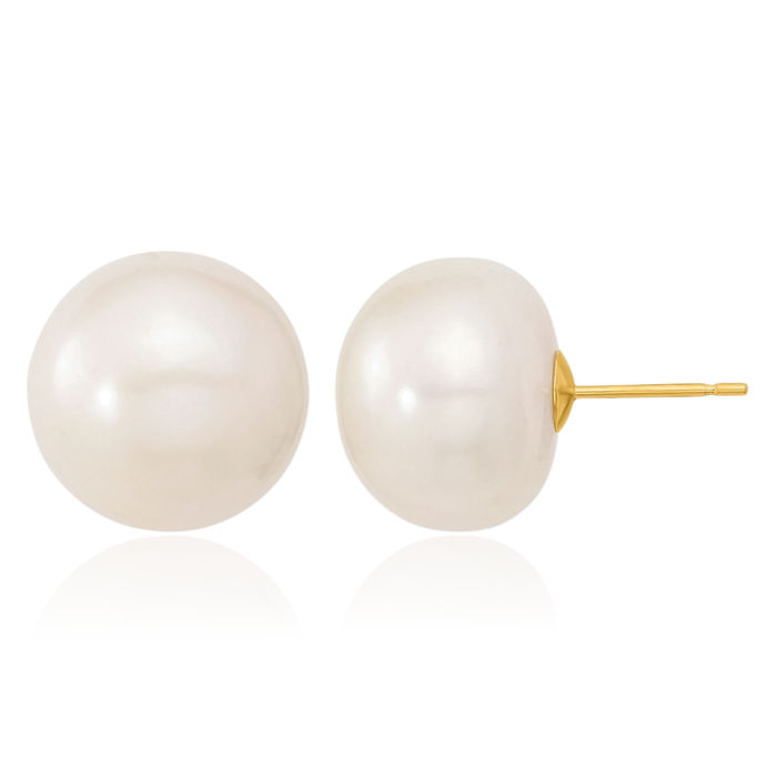 10K Solid Yellow Gold 13mm White Button Freshwater Cultured Pearl Stud Earrings