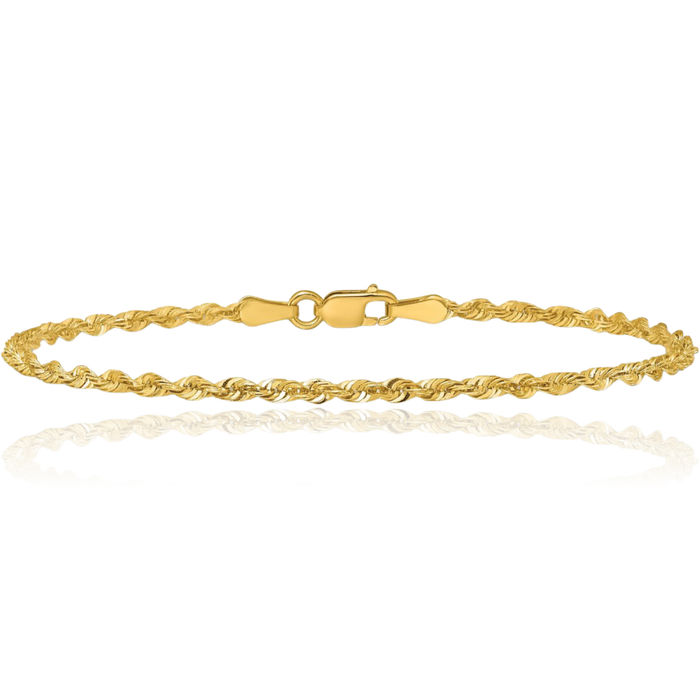 10K Solid Yellow Gold 2.25mm Extra Light Rope Chain Bracelet