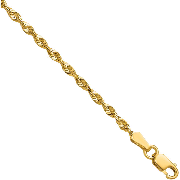 10K Solid Yellow Gold 2.25mm Extra Light Rope Chain Bracelet