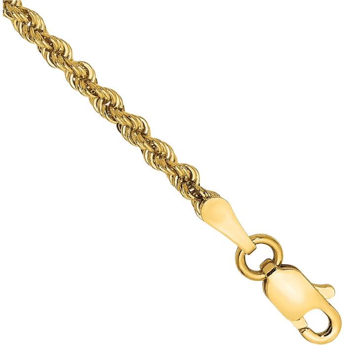 10K Solid Yellow Gold 2.25mm Rope Chain Bracelet