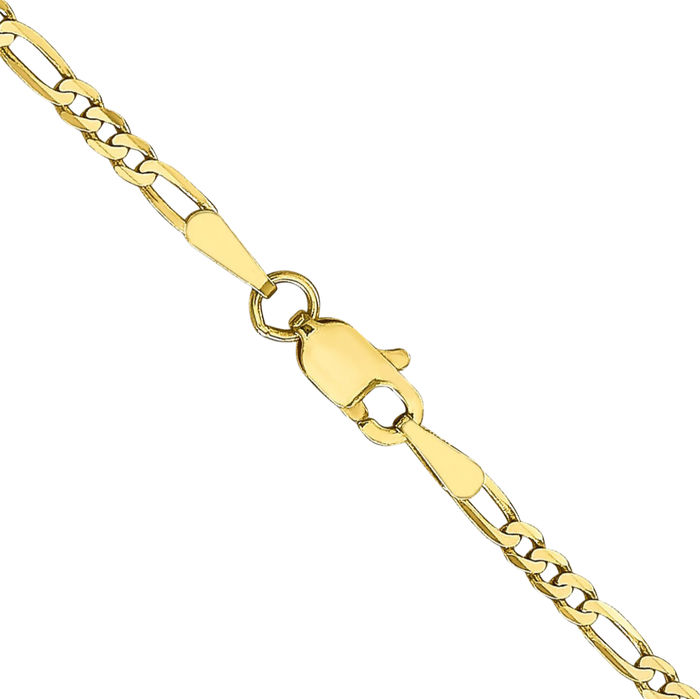 10K Solid Yellow Gold 2.2mm Figaro Link Chain Necklace