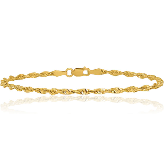 10K Solid Yellow Gold 2.50mm Extra Light Rope Chain Bracelet