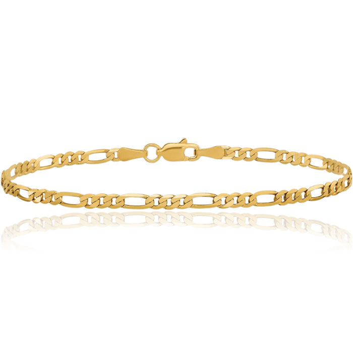 10K Solid Yellow Gold 2.5mm Figaro Link Chain Bracelet