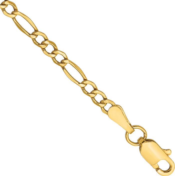 10K Solid Yellow Gold 2.5mm Figaro Link Chain Bracelet