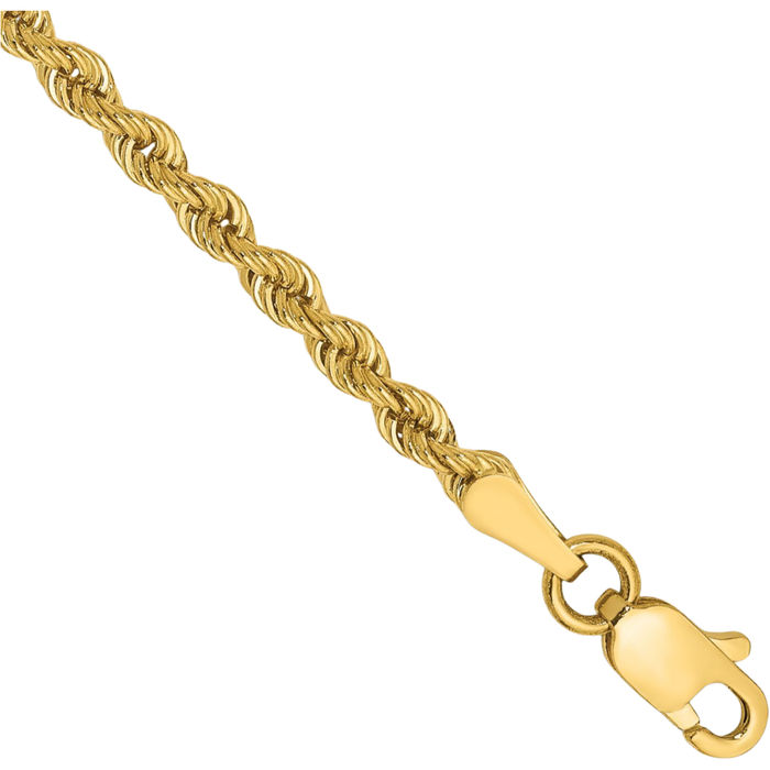 10K Solid Yellow Gold 2.5mm Rope Chain Bracelet