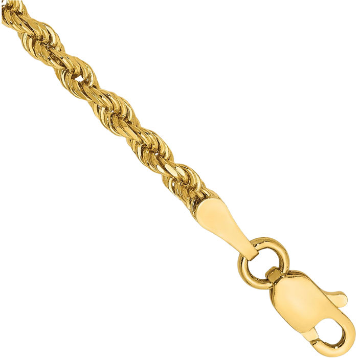 10K Solid Yellow Gold 2.5mm Rope Chain Bracelet